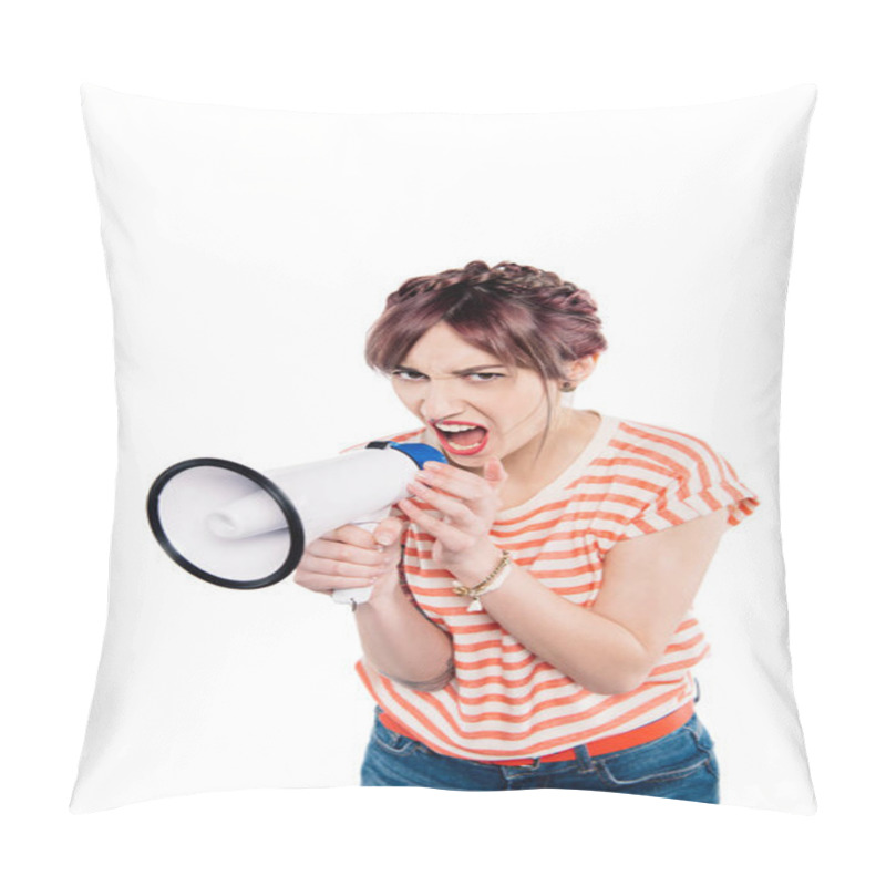 Personality  Shouting Young Woman With Loudspeaker Pillow Covers