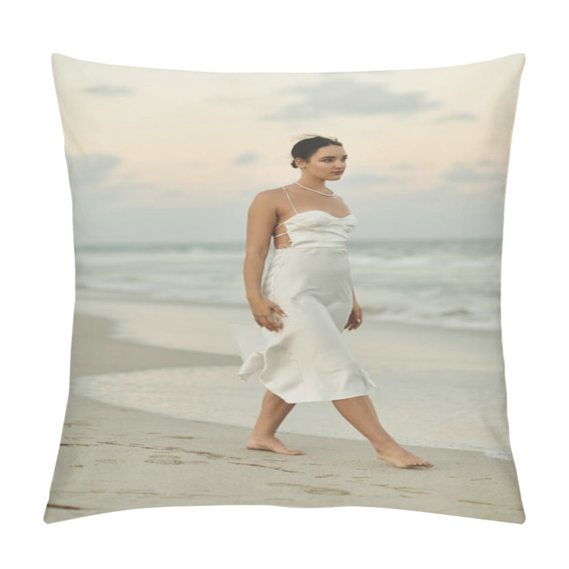 Personality  A Woman In A White Dress Walks Barefoot On A Sandy Beach In Miami. Pillow Covers