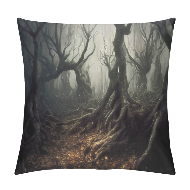 Personality  Evil Crooked Trees Deep In Fantasy Forest With Twisted Roots And Bare Branches, Foggy Eerie Landscape. 3D Digital Illustratio Pillow Covers