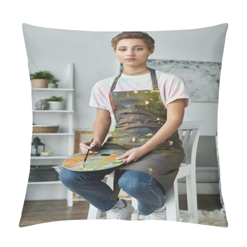 Personality  With A Focused Expression, A Young Woman Enjoys Painting Her Latest Artwork In A Cozy Indoor Space. Pillow Covers