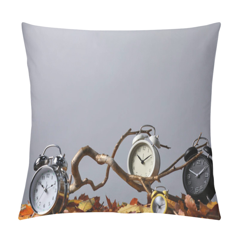 Personality  Alarm Clocks, Branch And Dry Leaves On Light Grey Background, Space For Text Pillow Covers