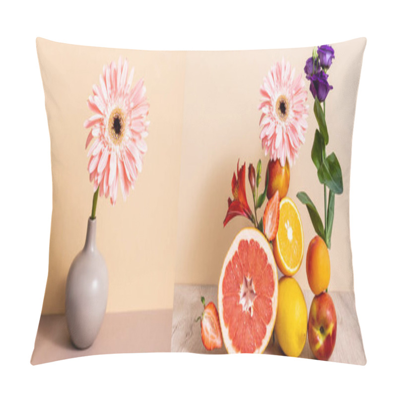 Personality  Collage Of Pink Gerbera And Floral And Fruit Composition On Beige Background Pillow Covers