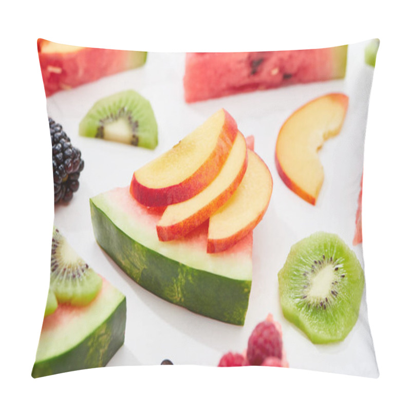 Personality  Delicious Dessert With Watermelon, Nectarine And Berries On White Background Pillow Covers