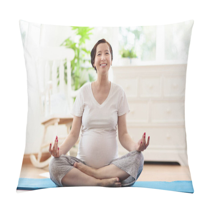 Personality  Pregnancy Yoga. Exercise For Pregnant Woman. Active Asian Female Exercising At Home Or Gym. New Expectant Mom Keeping Active And Fit Before Childbirth. Sport For Expecting Mother. Online Class. Pillow Covers