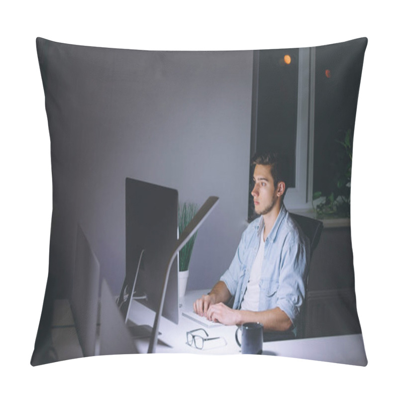 Personality  Young Man Working On Computer At Night In Dark Office Pillow Covers