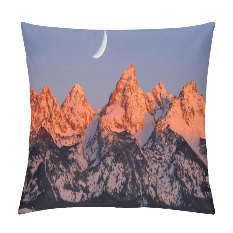 Personality  Morning Sunrise Light On Teton Mountain Range In Wyoming Alpen Glow Of Orange And Pink On Rugged Mountains With Crescent Moon Pillow Covers