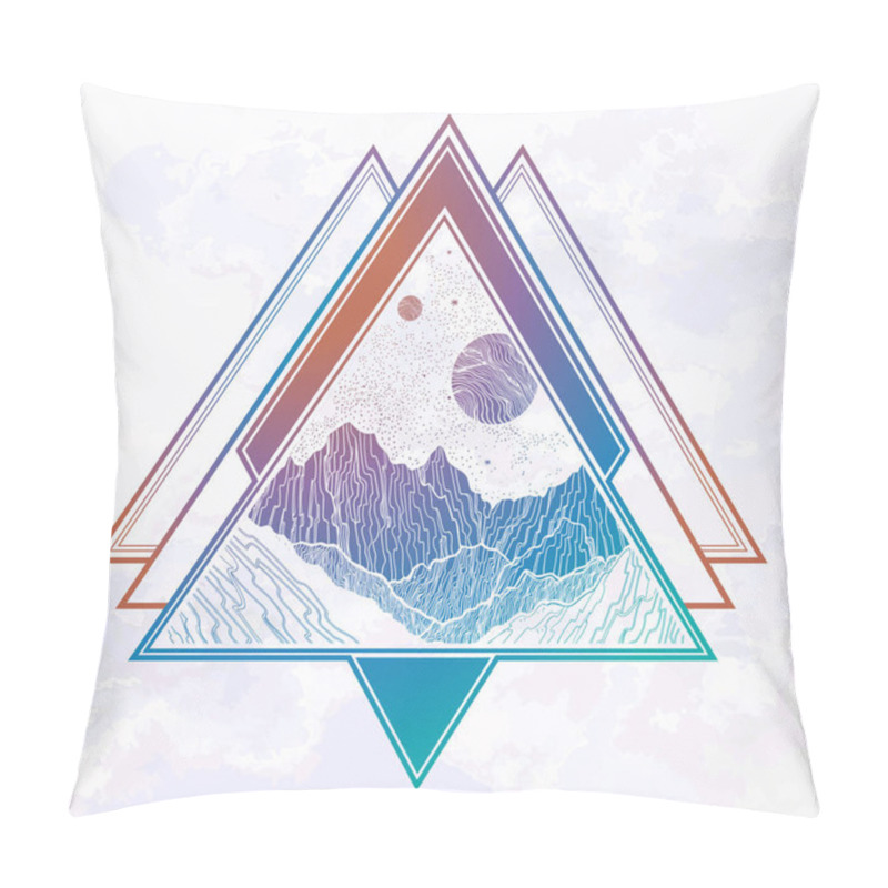 Personality  Night Sky With Mountains Landscape In The Shape Of A Triangle. Isolated Vintage Vector Illustration. Invitation. Tattoo, Travel, Adventure, Outdoors Symbol. Pillow Covers