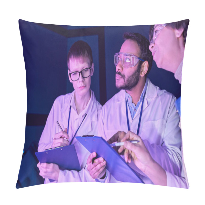 Personality  Futuristic Collaboration: Multigenerational Scientists Work Together In Neon-Lit Science Center Pillow Covers