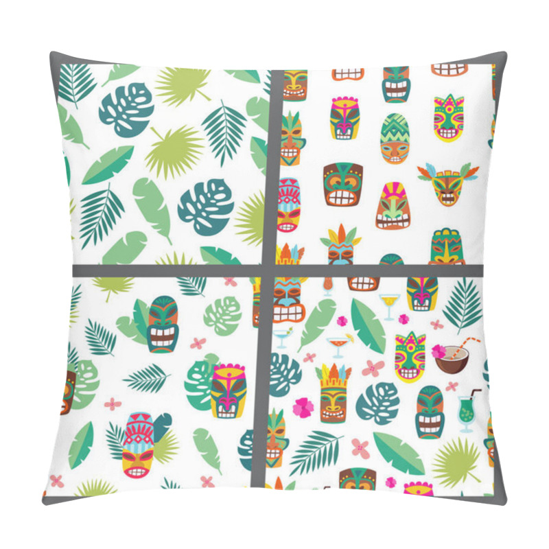 Personality  Set Of Seamless Patterns With Tiki Mask And Leaves, Flat Vector Illustration. Pillow Covers