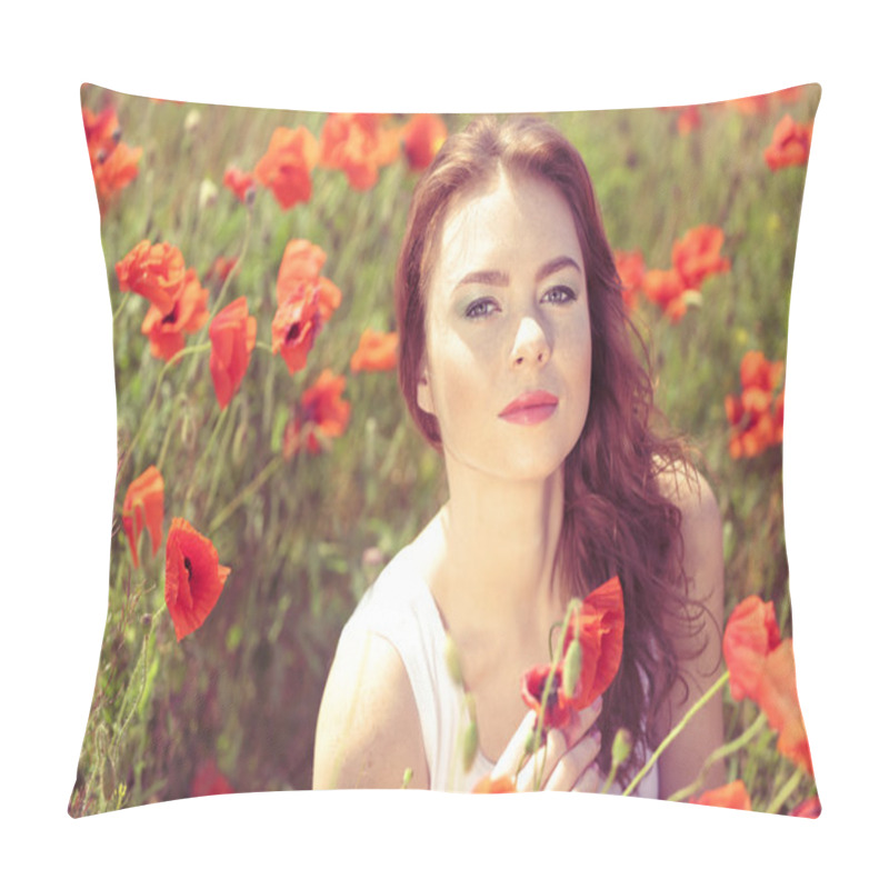 Personality  Beautiful Young Woman In Poppy Field Pillow Covers