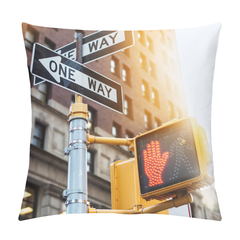 Personality  New York City Road Sign One Way With Traffic Pedestrian Light On The Street Under Sunset Light. Urban City Lifestyle Photo. Pillow Covers