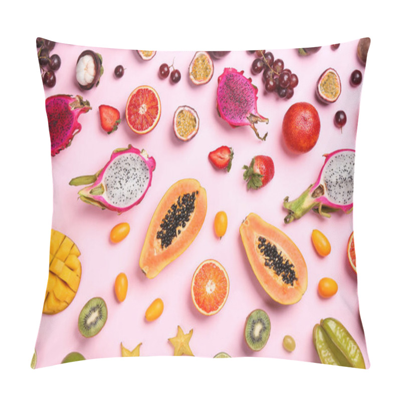 Personality  Many Different Delicious Exotic Fruits On Pink Background, Flat Lay Pillow Covers