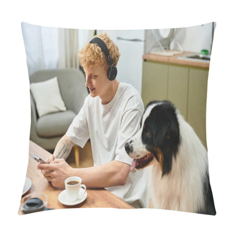 Personality  Young Man With Red Hair Relaxes At Home, Engaging With His Dog While Sipping Coffee. Pillow Covers