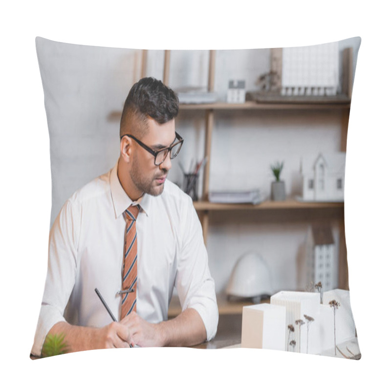 Personality  Architect Writing In Notebook Near Buildings Models At Workplace In Office Pillow Covers