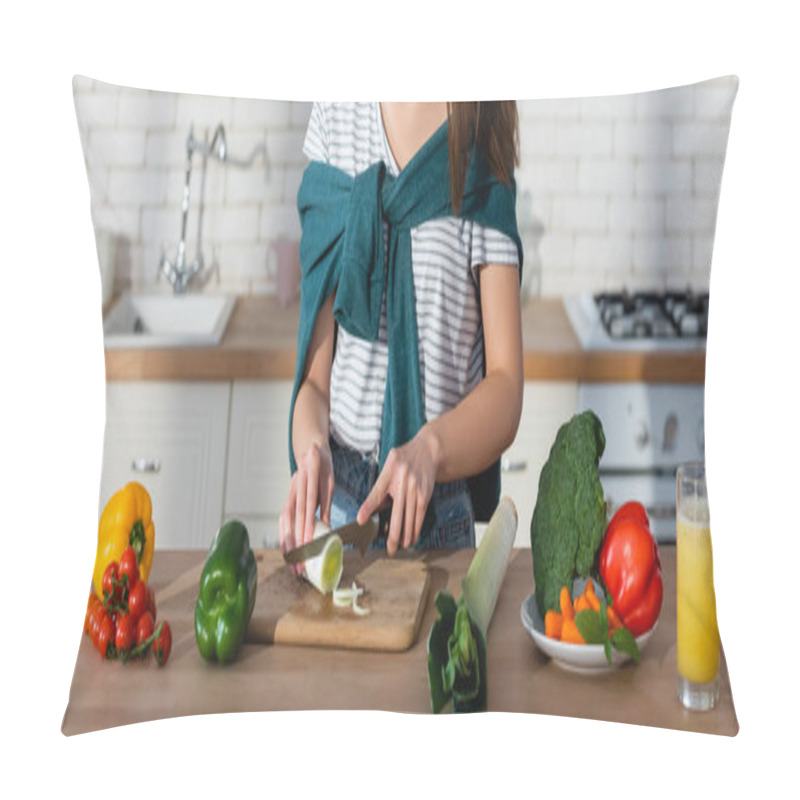 Personality  Cropped View Of Woman Preparing Vegetable Breakfast In Kitchen, Banner Pillow Covers