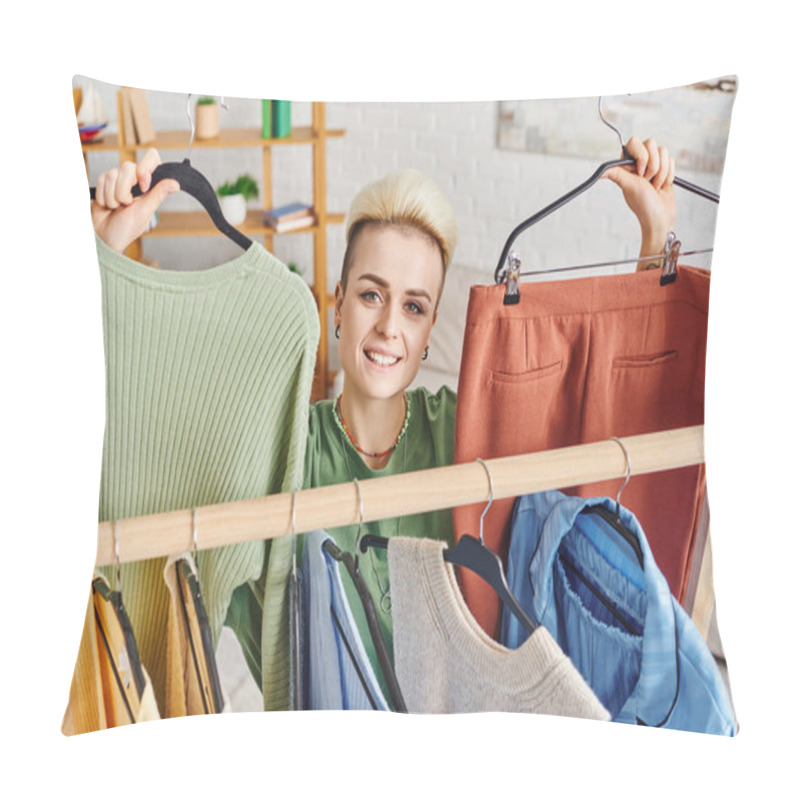 Personality  Thrift Store Finds, Overjoyed Woman With Trendy Hairstyle Showing Stylish Jumper And Pants While Looking At Camera  Near Rack With Clothes, Sustainable Fashion And Mindful Consumerism Concept Pillow Covers