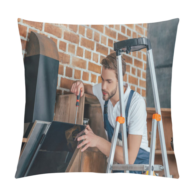 Personality  Young Foreman Standing On Ladder And Fixing Kitchen Hood With Screwdriver Pillow Covers