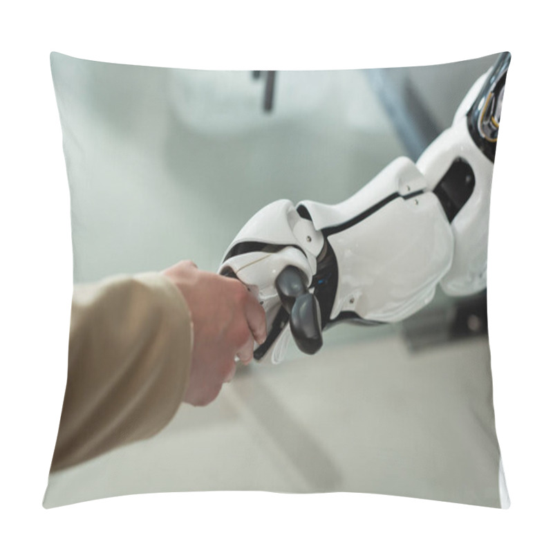 Personality  Partial View Of Businesswoman Shaking Hands With Robot In Office Pillow Covers