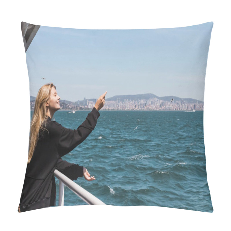 Personality  Happy Woman In Black Sweater Gesturing And Looking At Sea From Ferry Boat Crossing Bosphorus Strait Pillow Covers