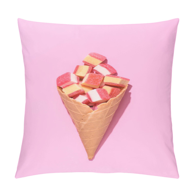 Personality  Top View Of Delicious Gummy Candies In Waffle Cone On Pink Pillow Covers