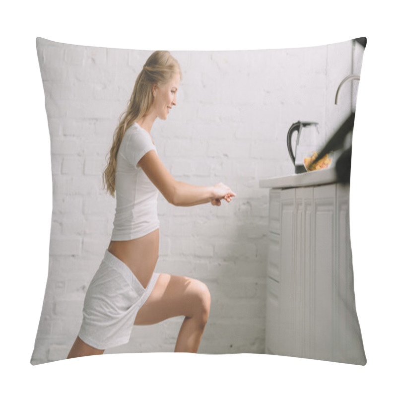 Personality  Side View Of Smiling Pregnant Woman Doing Fitness Exercises At Home Pillow Covers