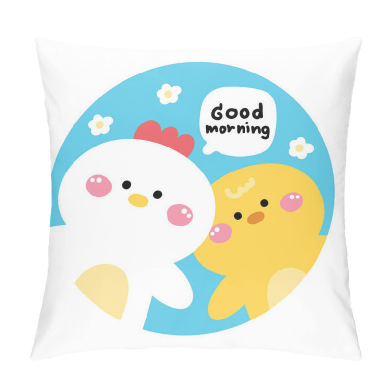 Personality  Cute Hen And Chicken Say Good Morning With Flower Background Picture Screen On Brooch Pin.Farm Bird Animal Character Cartoon Design.Kawaii.Vector.Illustration. Pillow Covers