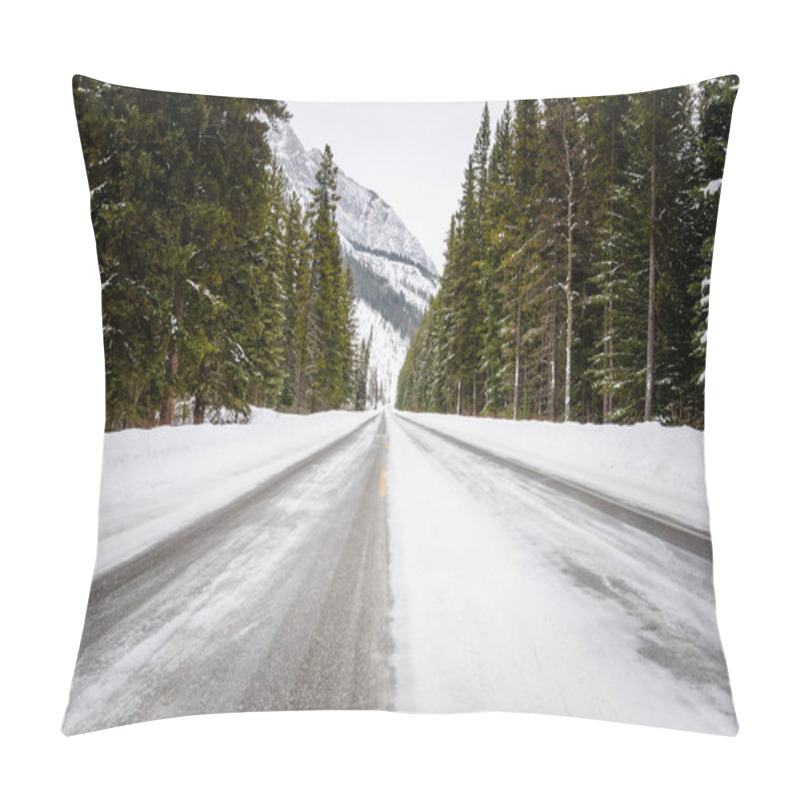 Personality  Empty Icy Forest Road In A Mountain Landscape On A Cloudy Winter Day. Dangerous Driving Conditions. Banff National Park, AB, Canada Pillow Covers