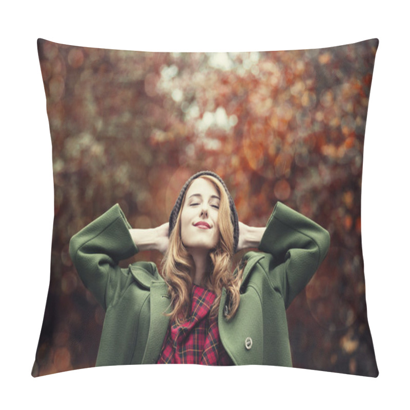 Personality  Style Redhead Girl At Beautiful Autumn Alley. Pillow Covers