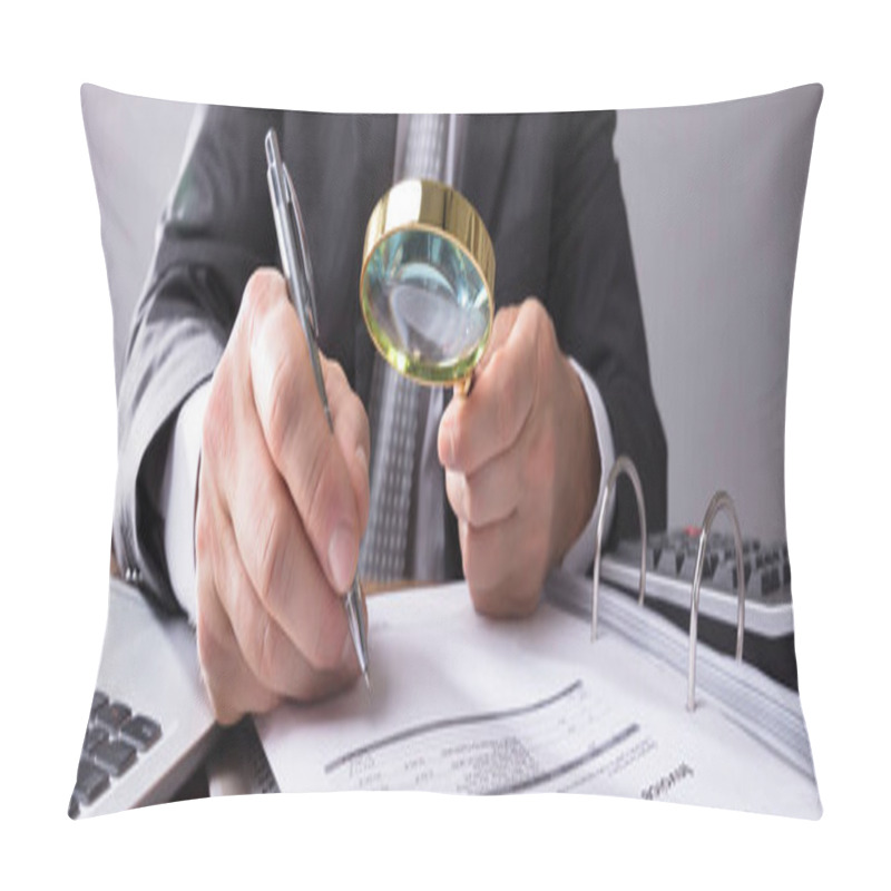 Personality  Close-up Of A Auditor's Hand Looking At Receipts Through Magnifying Glass At Workplace Pillow Covers