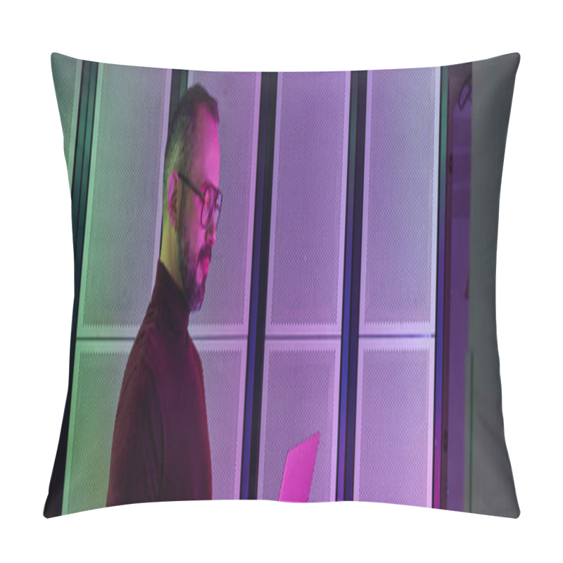 Personality  Jolly Professional In Turtleneck With Glasses And Beard Working On Laptop, Data Center, Banner Pillow Covers