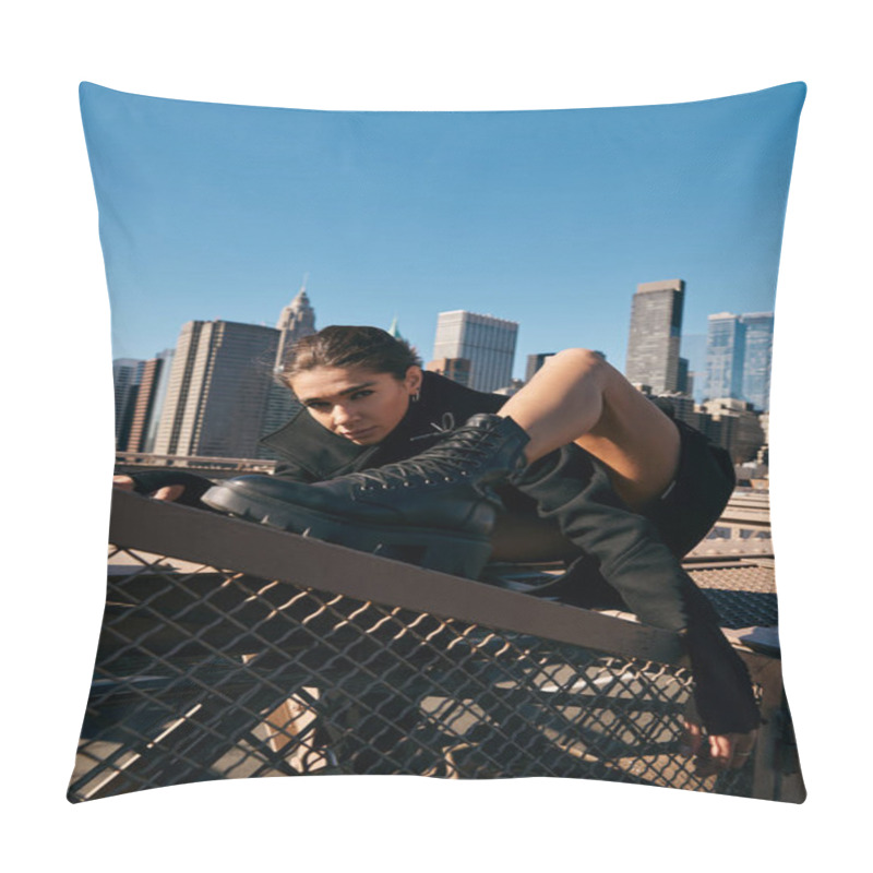 Personality  Woman Dances On NYC Rooftop Against City Skyline. Pillow Covers