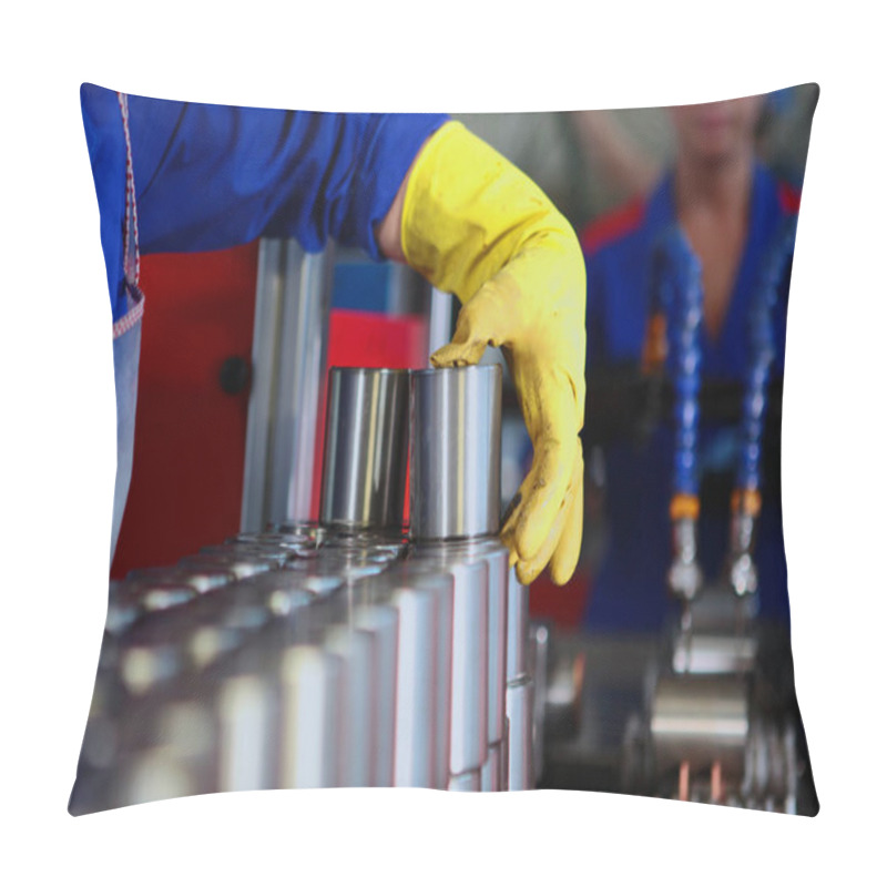 Personality  Preparation Of Finished Bearings For Conservation And Packaging. Grease For Bearing Production. Hand In A Yellow Protective Glove. Out Focus. Heavy Industry. Pillow Covers