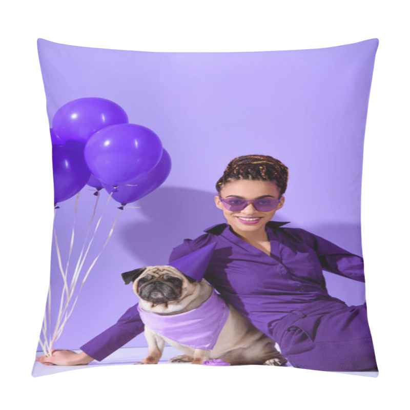 Personality  Smiling African American Girl Posing With Purple Balloons And Pug, Ultra Violet Trend  Pillow Covers