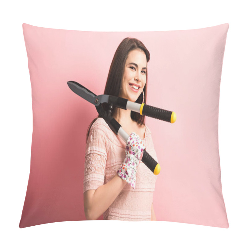 Personality  Cheerful Girl In Working Gloves Holding Gardening Scissors On Pink Background Pillow Covers