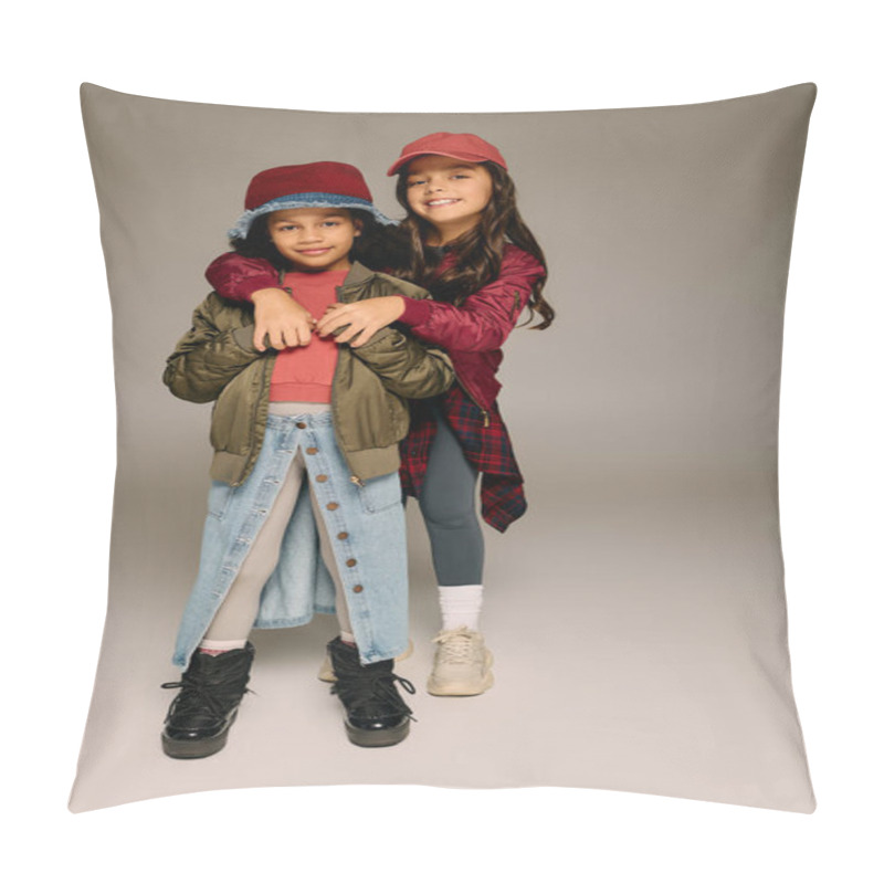 Personality  Two Girls Dressed In Warm, Stylish Outfits Share A Joyful Moment During Christmas Festivities. Pillow Covers