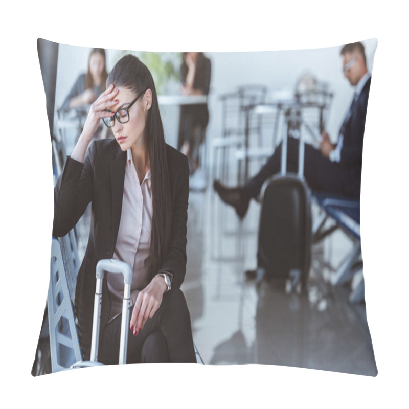 Personality  Tired Businesswoman Sitting In Departure Lounge At Airport Pillow Covers