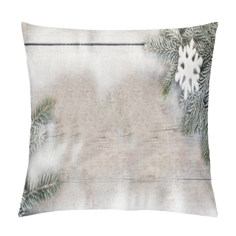 Personality  Wooden Surface, Spruce Branch Sprinkled With Snow And Snowflake Decoration Pillow Covers