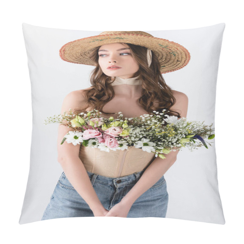 Personality  Model In Sun Hat With Flowers In Blouse Isolated On Grey  Pillow Covers