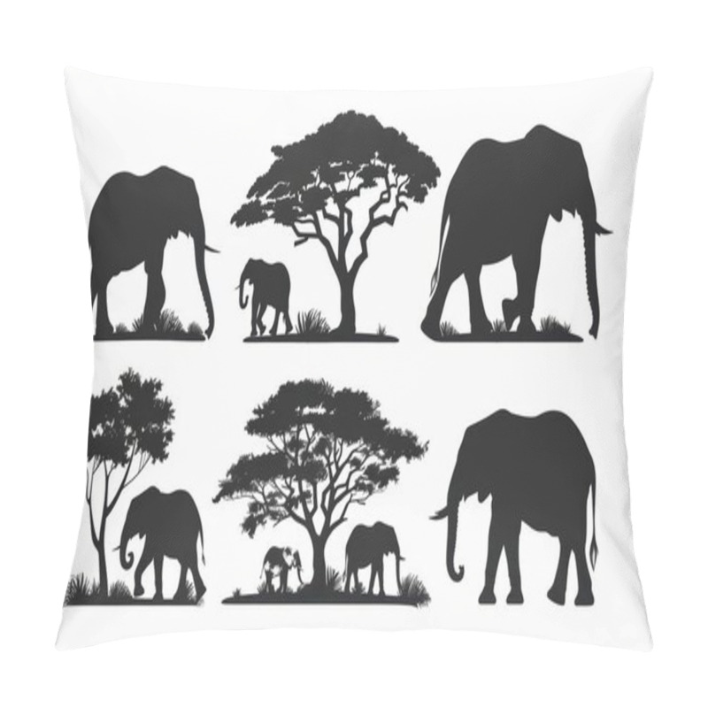 Personality  Silhouettes Of Elephants And Acacia Trees In A Serene Wildlife Graphic, Showcasing The Beauty Of Nature. Pillow Covers