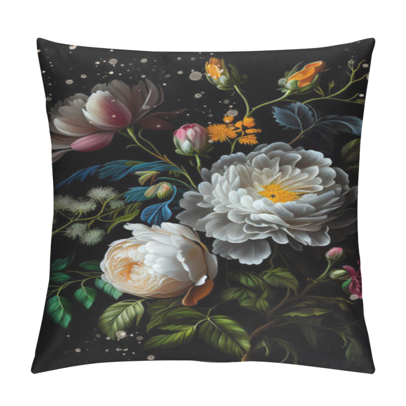 Personality  Paint Big Flowers, Black Background. Floral Print. Big Flower Bouquet Hand Painted In Oil. Pillow Covers