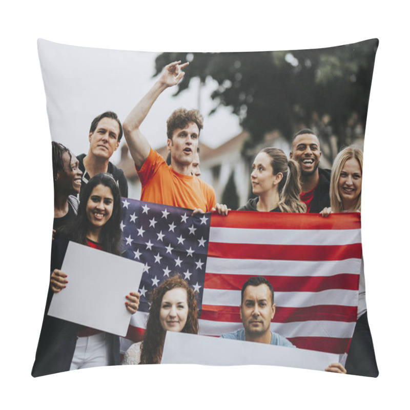 Personality  Group Of Activists Showing American Flag And Blank Posters Pillow Covers