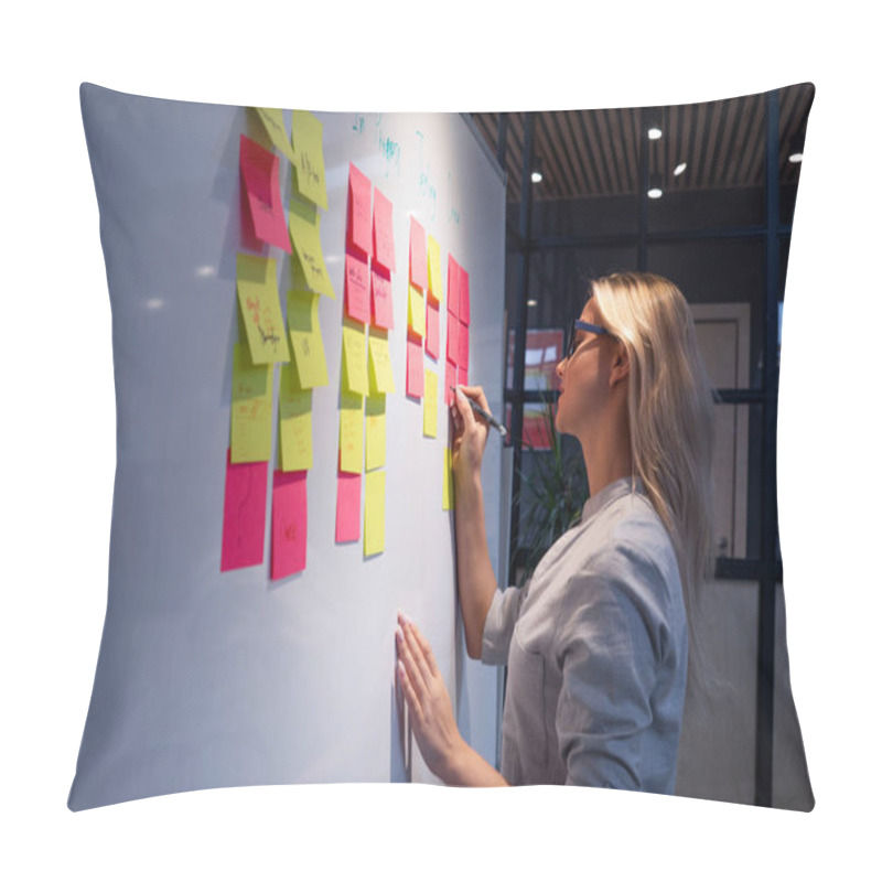 Personality  Project Management, Product Development Methodologies. A Young Woman Makes Notes Pillow Covers