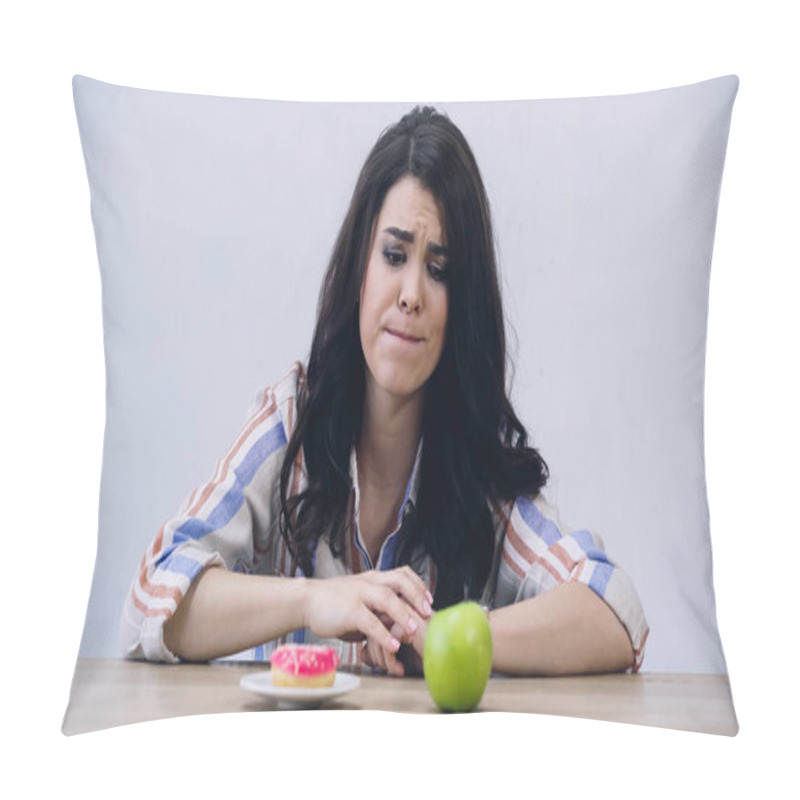 Personality  Confused Woman Choosing Between Apple And Doughnut Isolated On Grey Pillow Covers