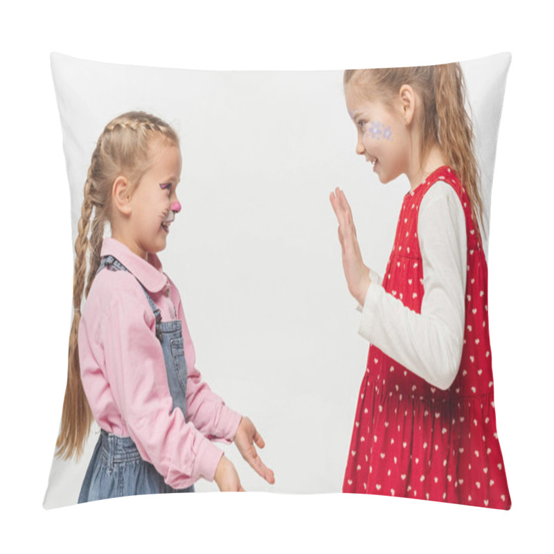 Personality  Excited Friends With Cat Muzzle And Floral Paintings On Faces Clapping Hands With Each Other Isolated On White Pillow Covers