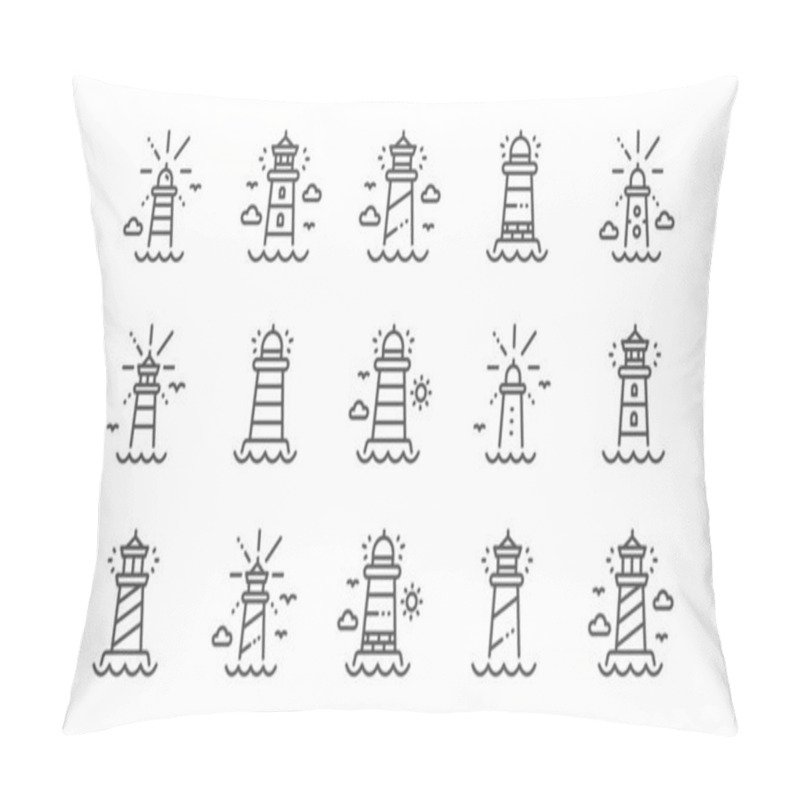 Personality  Lighthouse Line Icons. Searchlight Tower With Seagull For Marine Navigation Of Ships. Linear Set. Vector Pillow Covers