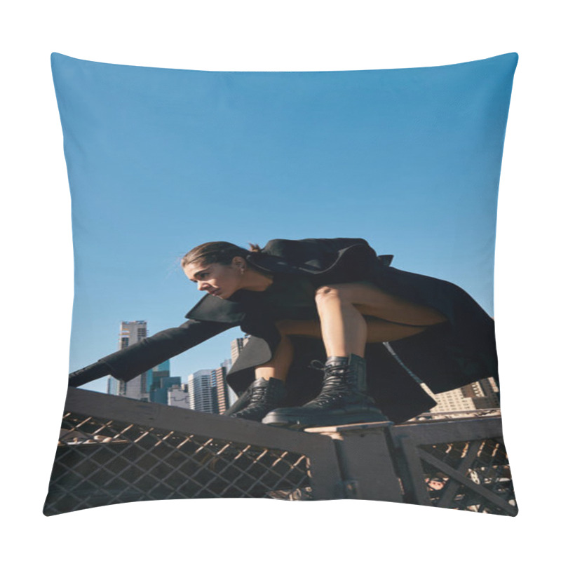 Personality  A Young Woman In A Black Coat Dances On A Bridge In New York City. Pillow Covers