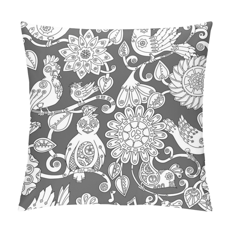 Personality  Doodle Seamless Background With Steampunk Birds And Flowers. Pillow Covers