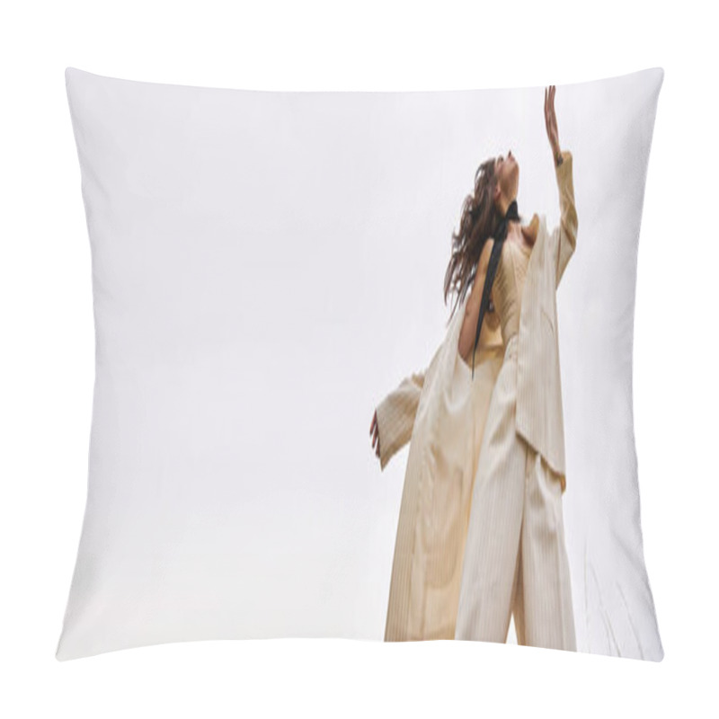 Personality  A Young Woman In A White Outfit Gracefully Flying Through The Air, Enjoying The Summer Breeze In A Natural Setting. Pillow Covers