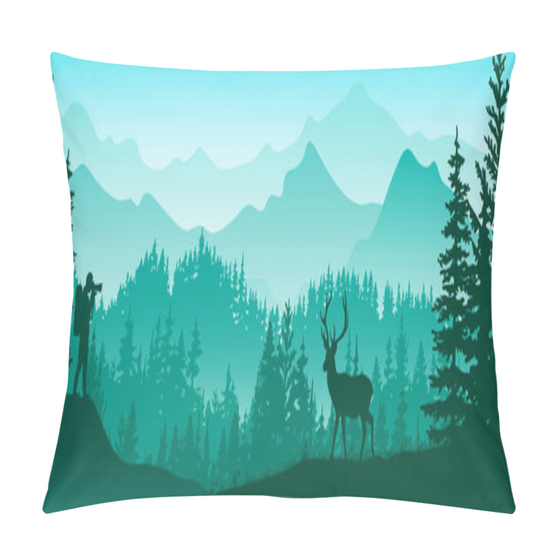 Personality  Photographer On Meadow In Forest Take Picture Of Deer. Silhouette Of Tree, Man, Animal, Mountains. Wild Nature Landscape. Horizontal Banner.	 Pillow Covers