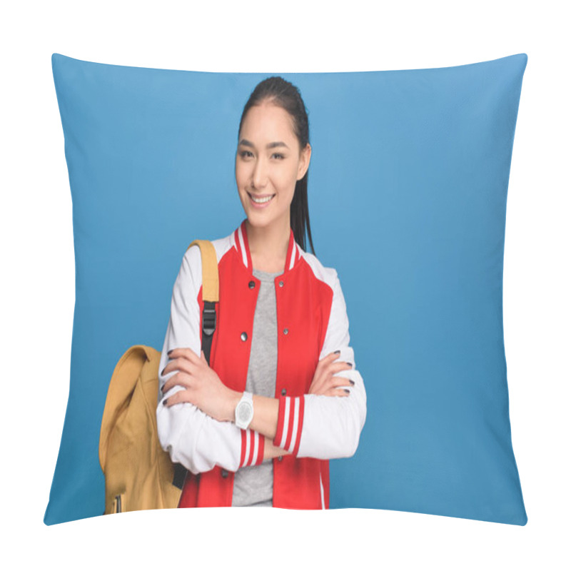 Personality  Portrait Of Smiling Asian Student With Backpack Isolated On Blue Pillow Covers